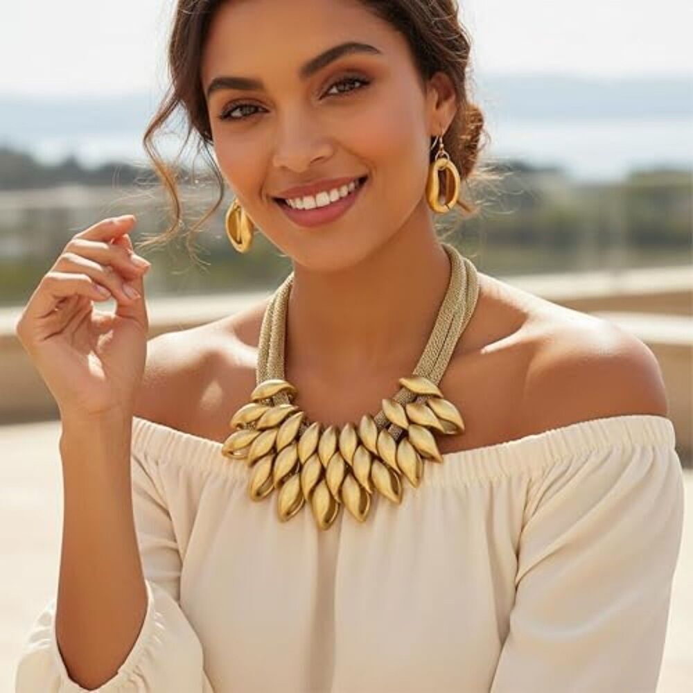 Statement Necklace Set Gold Leaf Design with Mesh Chain and Matching Earrings